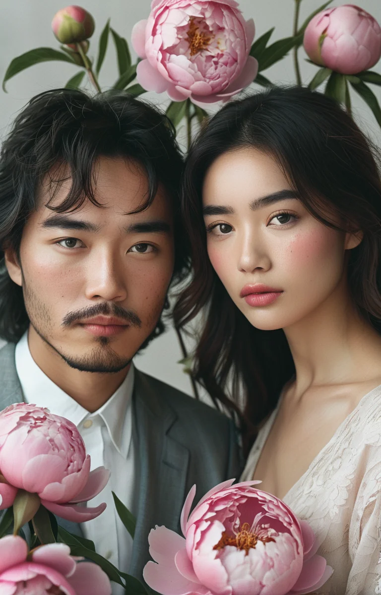 masterpiece,best quality,<lora:tbh69-sdxl:0.6>,illustration ,A style of two person group photo decaying peonies