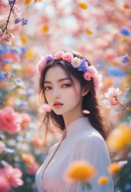 Princesscore aesthetics. [ flowing petals, particles, pollen : a portrait of her beautiful face : 0.25], masterpiece, best quality, triadic colors
,heibaigao, blurry, realistic, depth of field, blurry background <lora:HEIBAI_WWM:0.8>
