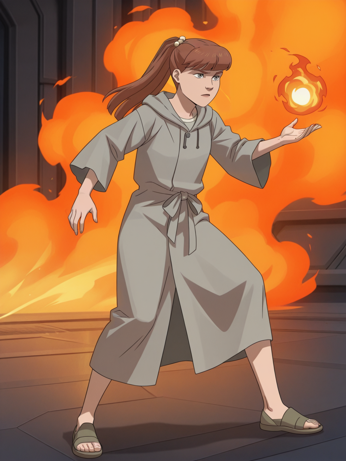 <lora:monster_girlIL:0.9> m_g, 1girl, brown ponytail hair, bangs, hairpin, small body, skinny body, grey eyes,
magic, magic robe, steel armor,glowing liens, fireball, action, full body, glowing background, magic background