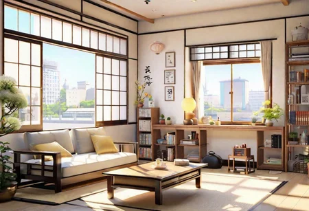 ((front view)), ((Japanese animation style)), modern-style interior, with white walls, (large windows), Nordic-style furniture, a  study, Sofa, coffee table, bookcase, single wall, 
warm light morning sun, (the view of the city)