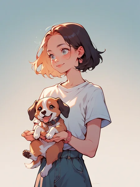 score_9, score_8_up, score_7_up, score_6_up, <lora:p3tl0v3XLP:0.9> p3tl0v3, 1girl, dog, holding dog