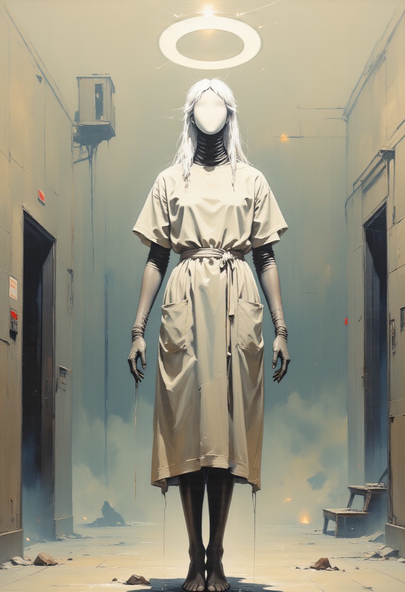 A flat, endless space. No texture, no floor—just a muted canvas of soft light and soft nothing. Floating above the ground by inches: a barefoot figure in a hospital gown, face obscured by a loose halo of white hair that falls like liquid static. She doesn’t move. She doesn’t need to.
Instead of a face, she wears a single, featureless ceramic oval—perfectly smooth, reflecting nothing. No eyes, no mouth. But there’s something underneath. You feel it. A presence—not malevolent, not kind, just… watching.
Her arms hang weightless at her sides. Fingers long, uncannily still. On the inside of each forearm: looping text written in unknown script, glowing just faintly, like the dying battery of something ancient.
Above her head: a ring of static pixels, orbiting like a broken halo, sparking faintly with glitchlight every few seconds. No sound. No hum. But the silence feels like it’s listening.
Behind her: faint outlines, like imprints in the air. One looks like a door, one like a staircase, one like a person walking away—each formed entirely of shadow, too far to touch, too close to ignore.
The mask does not blink. But somewhere inside it… something does.