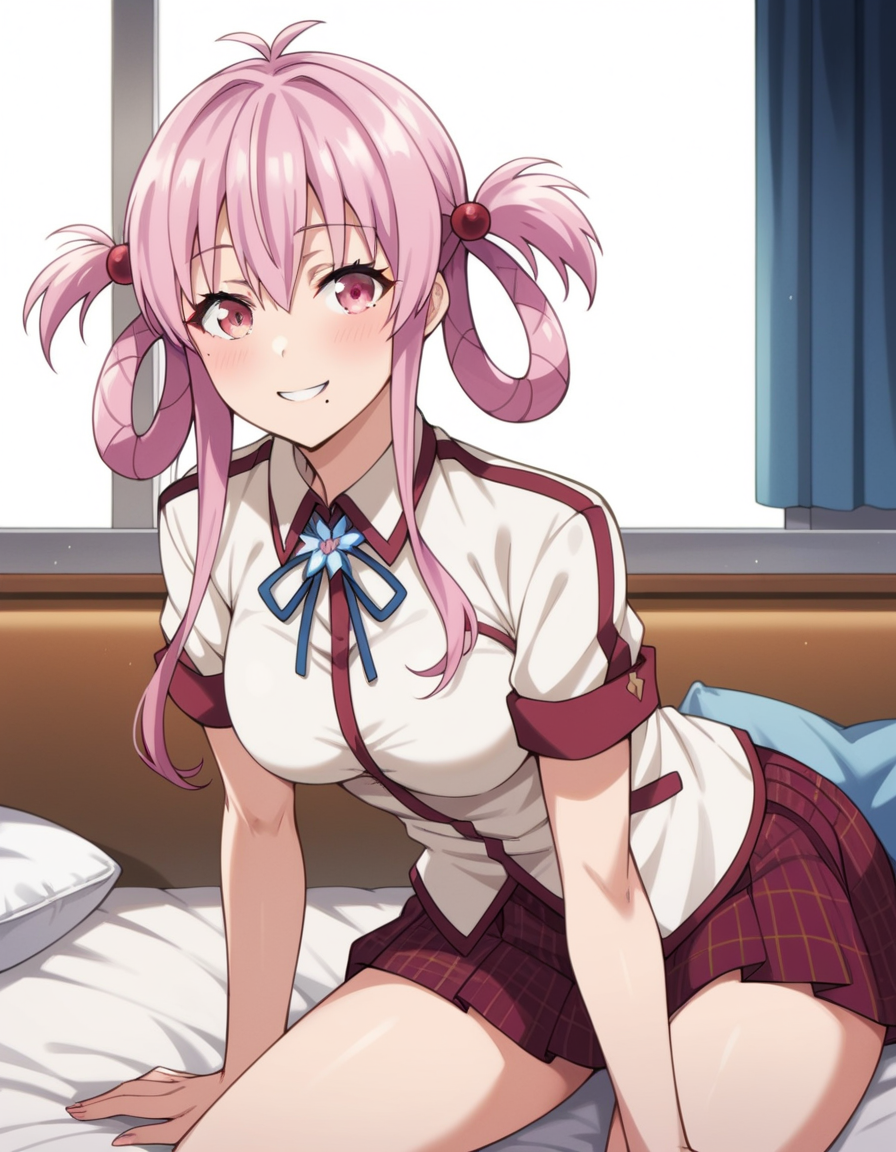 score_9, score_8_up, score_7_up, source_anime, uncensored, <lora:StS_detail_slider_v1:3>, zPDXLxxx, <lora:Momo_Sakurabara_PONYXL_VexVexX:1>, MomoSakurabara, 1girl, pink eyes, pink hair, twintails, hair rings, sidelocks, hair bobbles, hair ornament, bangs, mole under mouth, medium breasts, school uniform, ribbon, plaid skirt, pleated skirt, cowboy shot, indoors, from back, Sitting on a cushion with legs folded to one side, leaning slightly forward with hands resting on the floor in front, thighs, looking at viewer, smile,