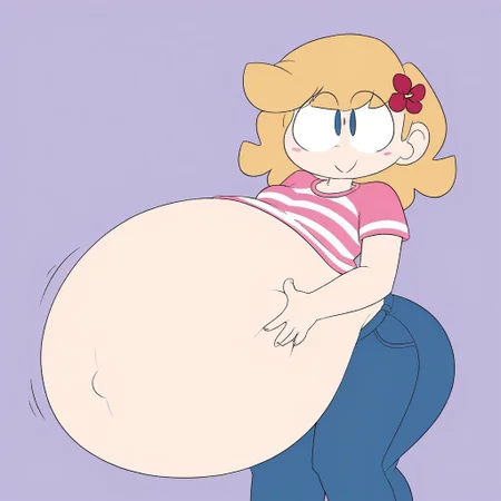 HappyLikeAWall, 1girl, black eyes, single hairflower, closed mouth, blue eyes, blonde hair, pink striped shirt, jeans, gigantic belly,