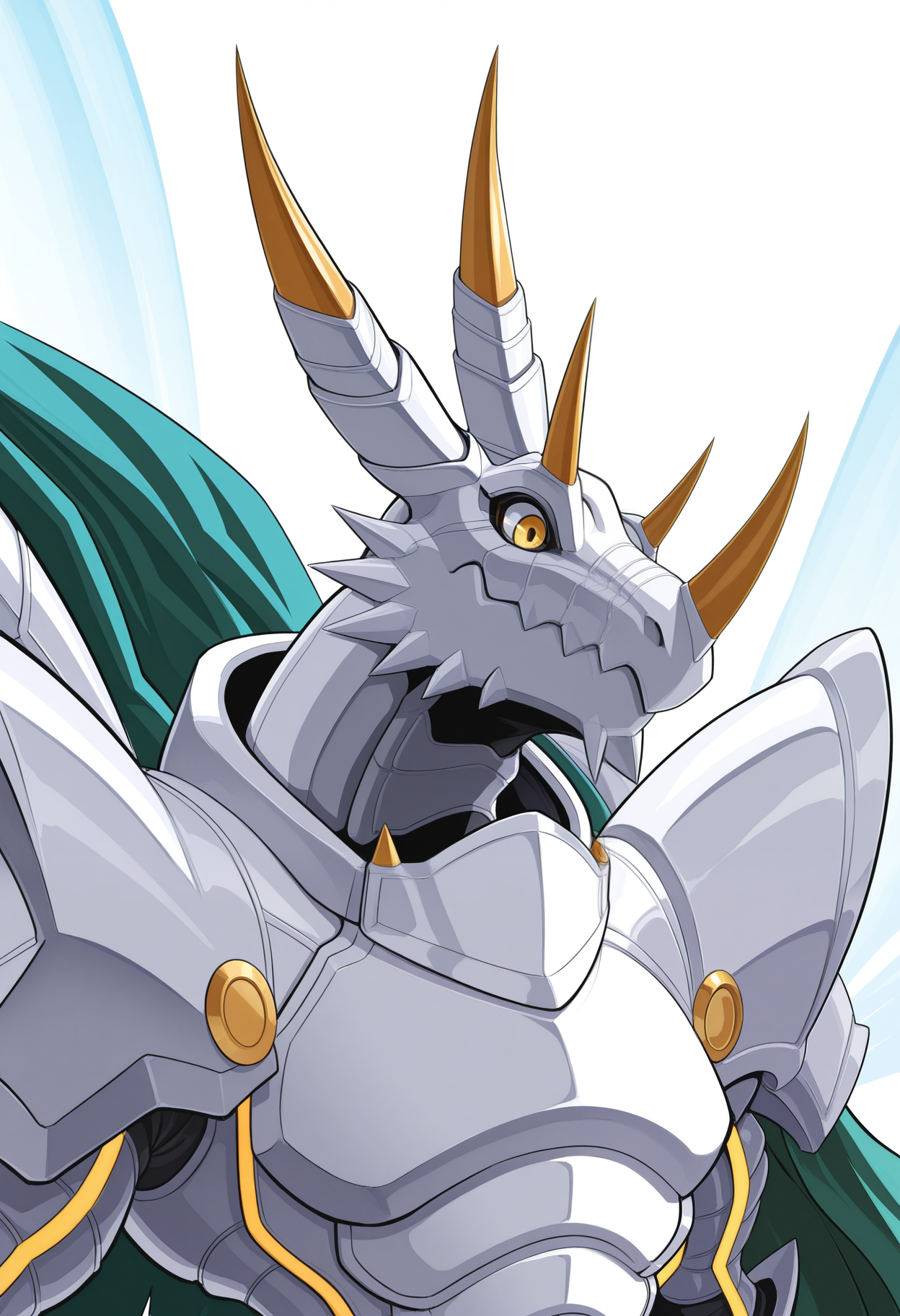 masterpiece,best quality,amazing quality, 1boy, solo, sl4y3r, digimon (creature), green cape, wings, close up, side angle,