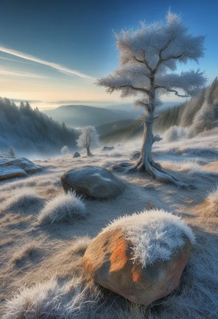 epic landscape, HDR, detailed, morning frost world, outdoor, tree, sky, cloud, day, nature, forest, rock, mountain