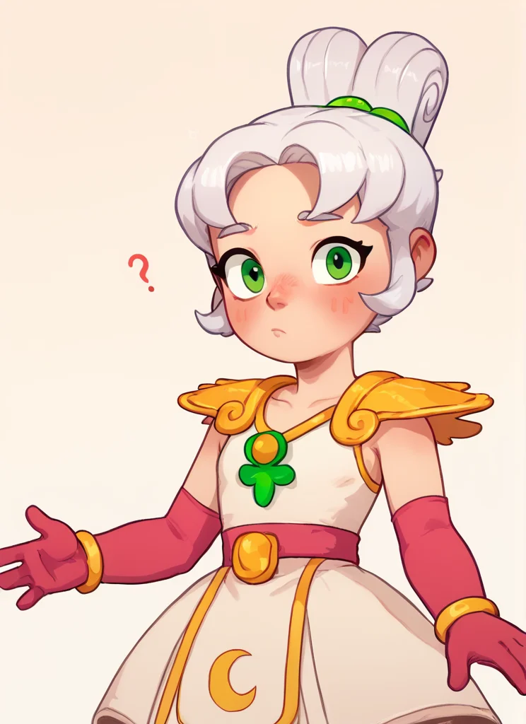 score_9, score_8_up, score_7_up, <lora:lunpiper:1>lunpiper , 1 girl , solo , white hair, doble high ponytail, double bun, green eyes, yellow Shoulder pads ,white dress, dress, red belt , red elbow gloves, yellow bracelet, looking at viewer, <lora:PossumMachine:1>posmach , confused, , simple background, blush,