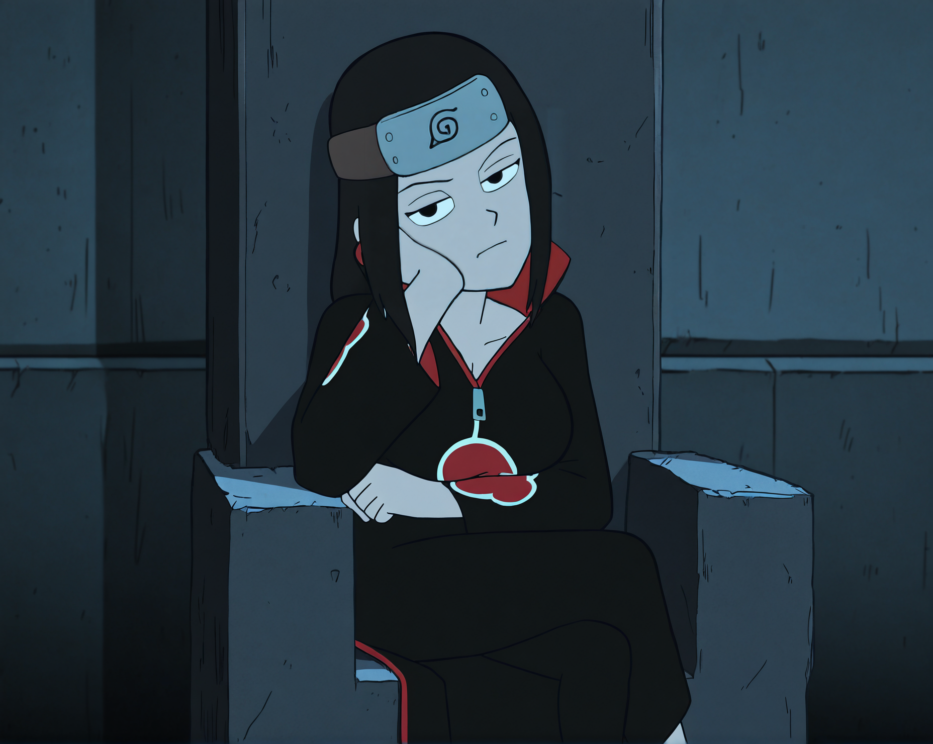 gravfallsty, 1girl, large breasts, uchiha itachi (cosplay), akatsuki uniform, (forehead protector:1.2), clenched hand, crossed legs, hand on own face, sitting, stone chair, head tilt, looking at viewer, dark theme, concrete wall, feet out of frame
masterpiece, best quality, absurdres, highres
<lora:GravityFalls_ILXL:1.3>