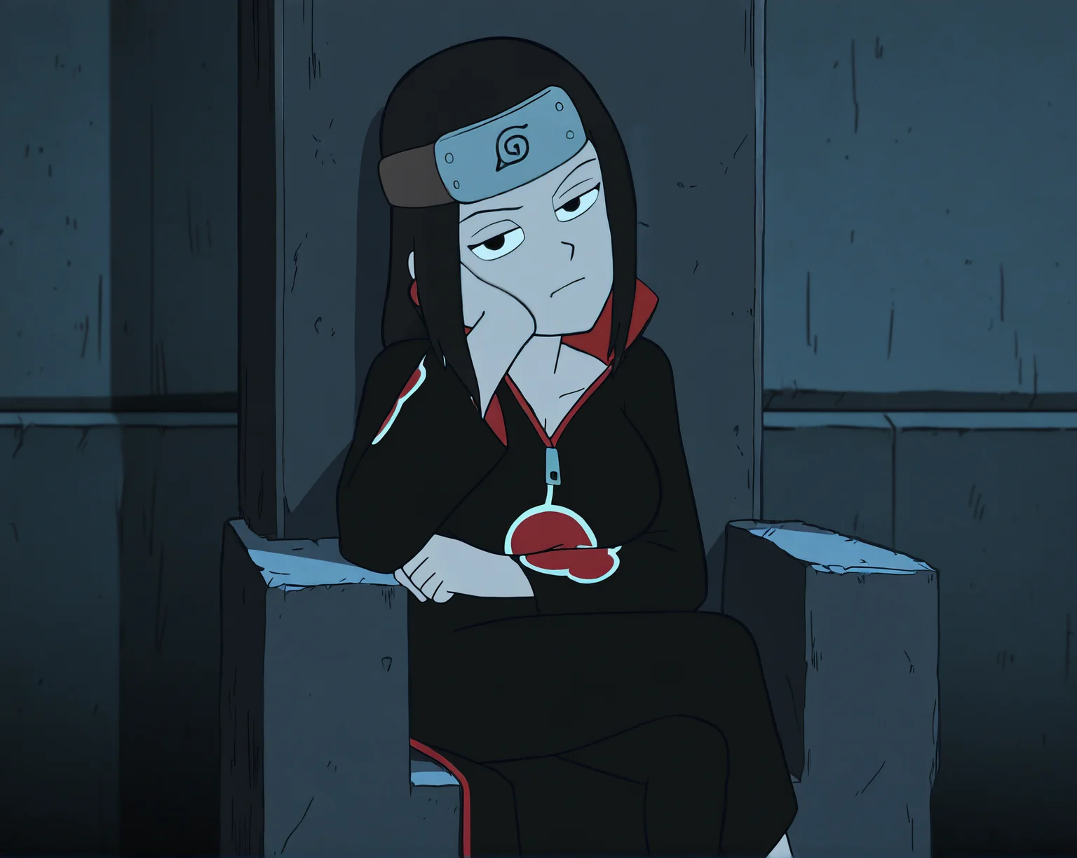gravfallsty, 1girl, large breasts, uchiha itachi (cosplay), akatsuki uniform, (forehead protector:1.2), clenched hand, crossed legs, hand on own face, sitting, stone chair, head tilt, looking at viewer, dark theme, concrete wall, feet out of frame
masterpiece, best quality, absurdres, highres
<lora:GravityFalls_ILXL:1.3>