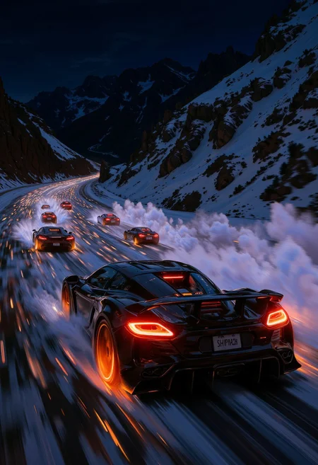 DB4RZ style painting,((Gelendvagen T23 :1.3), (with glowing tires), ), , racing, multiple cars, beautiful scenery flowing at high speeds, cars with sweaty hands and feeling of speed (with glowing tires), midnight, dynamic angle, racing, motion, multiple cars (beautiful scenery flowing at high speeds, cars with sweaty hands and feeling of speed:1.4), detailed textures, high quality, high resolution, high precision, illustration, color correction, proper lighting setup, harmonious composition, work from Behance, <lora:Dieselcore:0.7> d1eselc0re <lora:Glitchcore_Flux:0.4> gl1tchc0re
