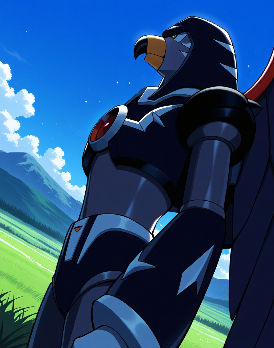 <lora:Flame_Falcon_(Mega_Man_X)_(Illustrious)_(AD):1.35> Flame Falcon, reploid, MMX, 
exterior, blue sky with clouds, mountain valley, grassy valley,
dutch angle, dynamic action, cowboy shot,
male focus, intense shadows, dynamic shadows, intricate details, attention to details, gradient coloring, robot, bright vivid colors, deep metallic colors, glossy metal body, wings, beak, 
BREAK very awa, masterpiece, best quality, amazing quality, very aesthetic, highres, absurdres,
EZRealPONYXL, zPDXL, Smooth Quality, lazynsfw,