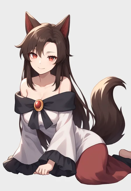 score_9,score_8_up,score_7_up,<lora:touhou_146:1>,, 1girl, animal_ears, brooch, brown_hair, dress, imaizumi_kagerou, jewelry, long_hair, long_sleeves, off-shoulder_dress, off_shoulder, red_eyes, simple_background, solo, tail, white_background, white_dress, wolf_ears, wolf_tail