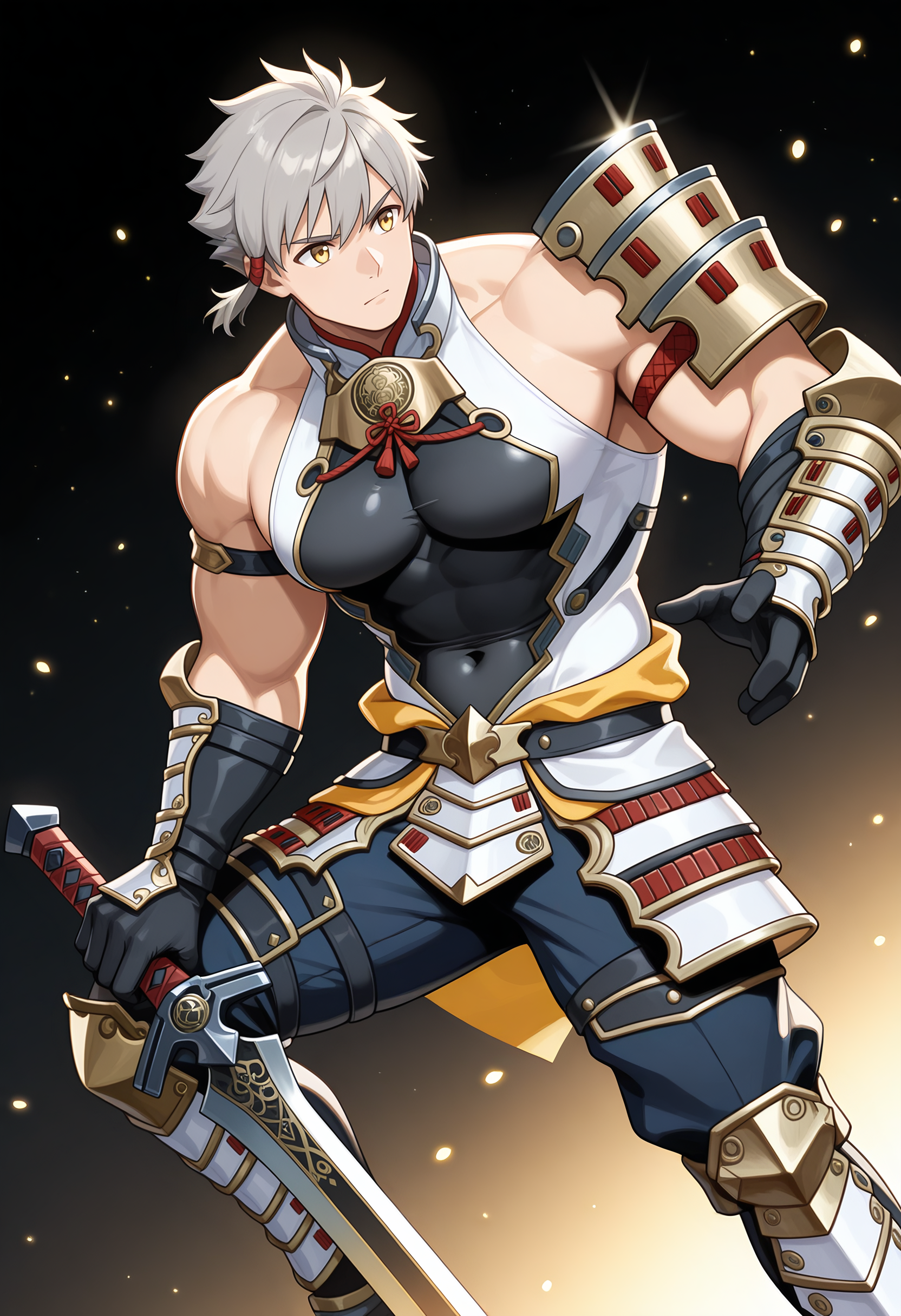 masterpiece, best quality, newest, absurdres, 1boy, male focus, solo, holding sword, sword, swinging sword, dynamic pose, BREAK
<lora:Addam_Illustrious:1>, add4m_xc2, grey hair, yellow eyes, BREAK
muscular male, bodybuilder, large pectorals, (huge pectorals), hyper muscle, broad shoulders, hyper pectorals, small waist, BREAK
bare shoulders, armor, japanese armor, shoulder armor, pauldrons, gloves, covered navel, pants, armored boots, BREAK
determined, manly, handsome, macho, hunk, masculine, sparkle, anime, BREAK
simple background, dark background, gradient background, dramatic lighting, light particles, (rainbow effects)