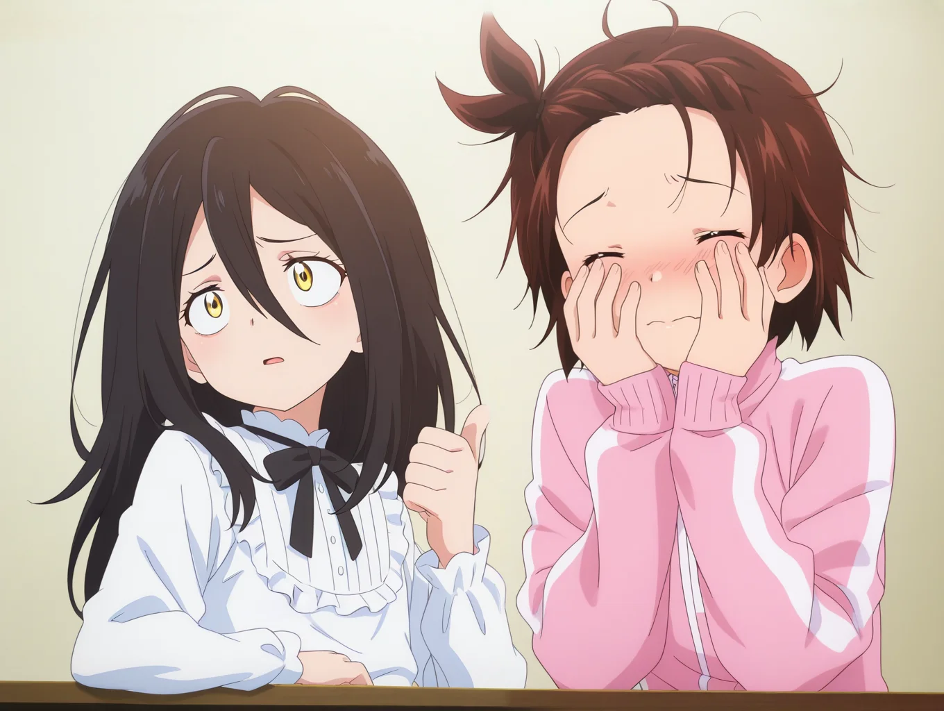 expressive eyes, ultra HD, best quality, amazing quality, ultra-high resolution, hi-vision anime, extremely detailed, 8k wallpaper, masterpiece, best quality, anime screencap,
(1girl, solo, yuitsuka inori, braided bang, one side up, pink track jacket, closed eyes, cute, shy, blush, Covering face with hands shyly, head pinned down, <lora:YuitsukaInori_illust_3:1>, <lora:Hikaru KAMISAKI_1.0_illustrious:0.1>)