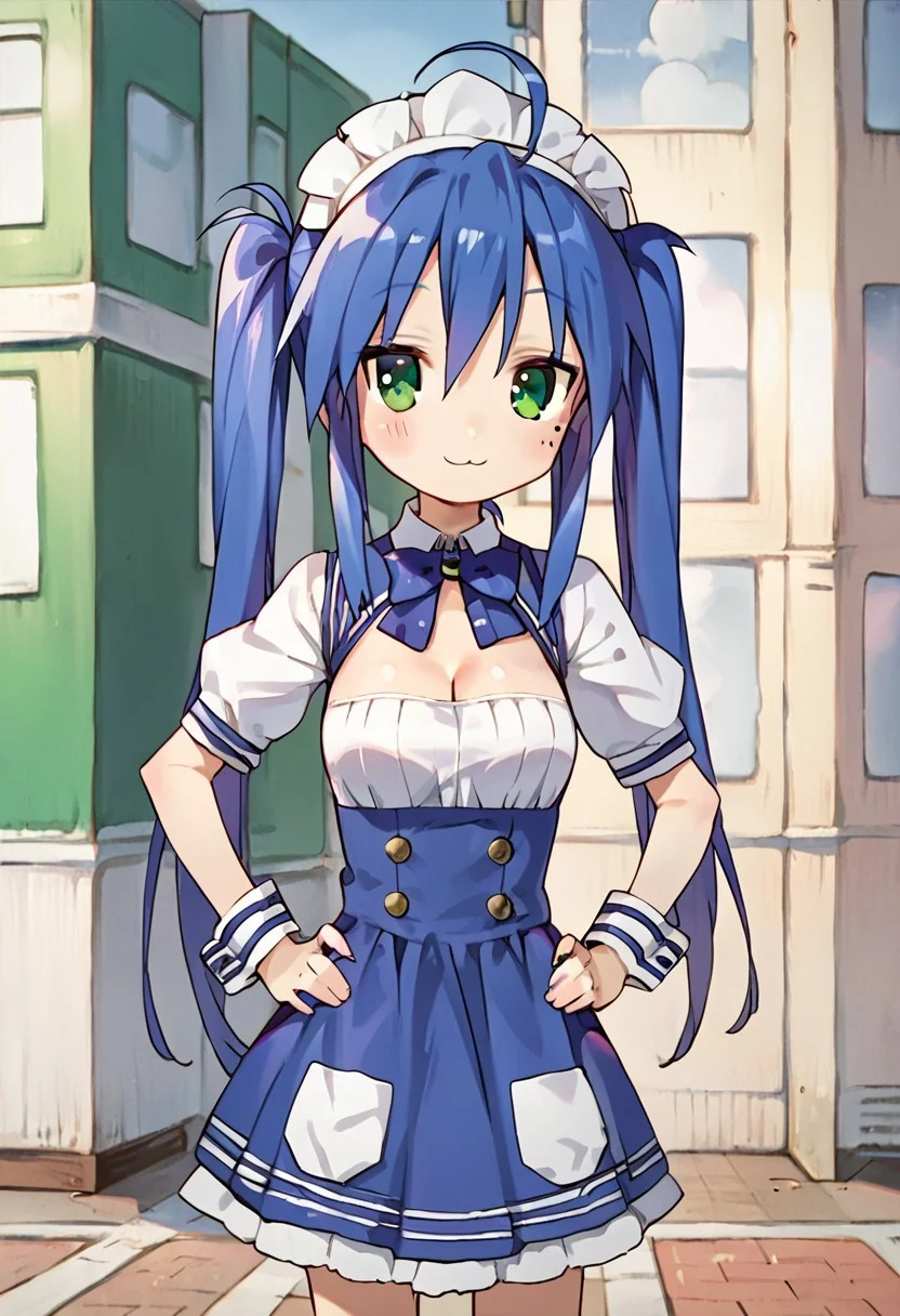 score_9, score_8_up, score_7_up,source_anime, masterpiece, ultra detailed, highres, 4k, best quality, BREAK, <lora:konata:0.7> Konata Izumi, solo, long hair, ahoge, mole, glossy hair, smooth hair, shiny hair, city, outdoor, smile, standing, put hands on hips, twintails, drill hair, maid headdress, cleavage, short sleeves, blue bow, wrist cuffs, dark blue hair, outstanding, countershading, detailed soft lighting, backlighting, green eyes, looking at viewer, ultra detailed eyes, cowboy shot, medium breasts, round breasts, adult, mature
