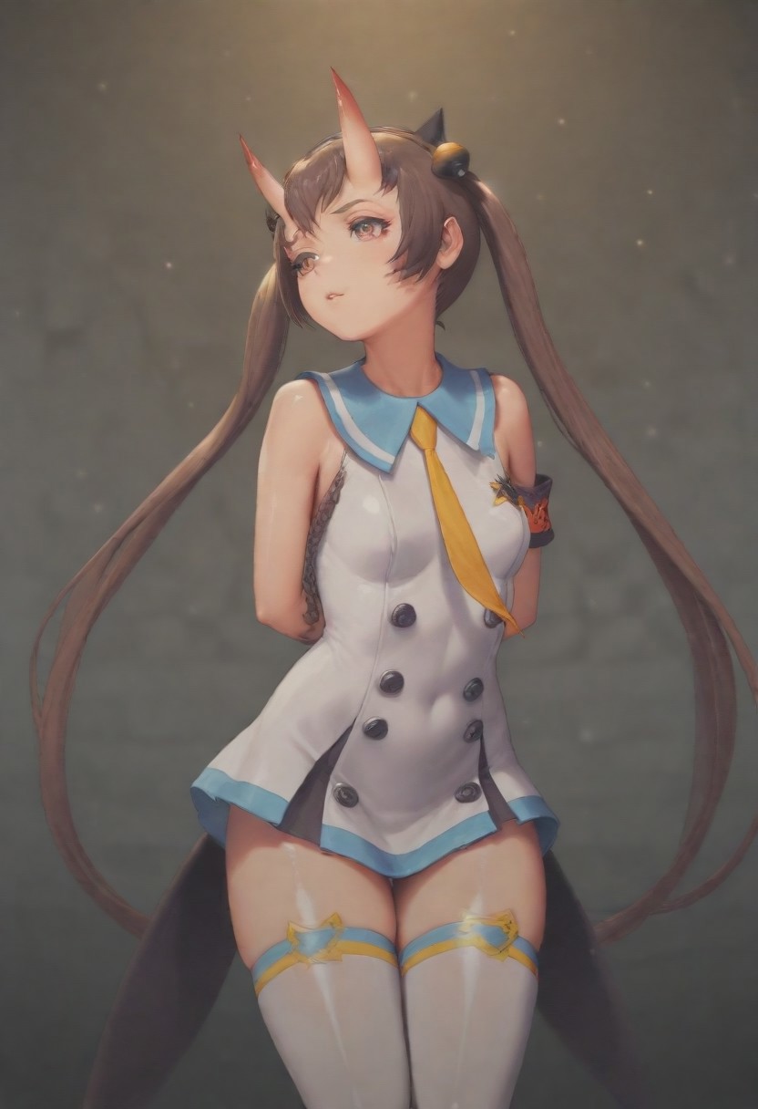 masterpiece, best quality, amazing quality,,, shiny skin,,,,,, DCDavi-Def, twintails, oni, horns, brown eyes, white clothes, dress, armband, necktie, thighhighs, <lora:Davi_Archfiend:0.8>