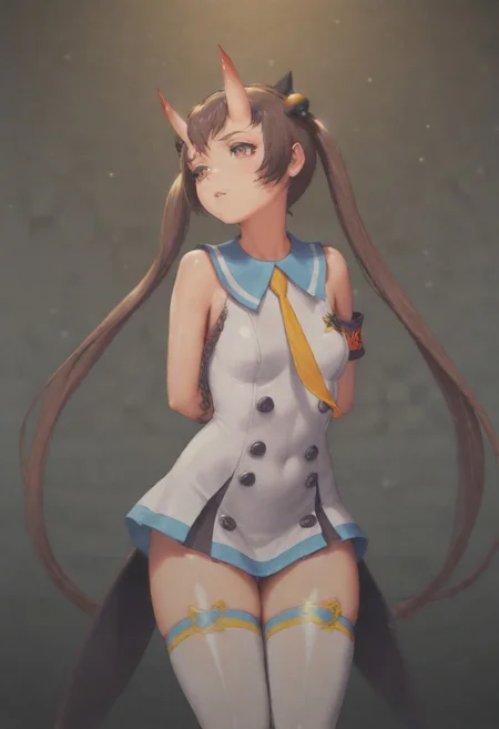 masterpiece, best quality, amazing quality,,, shiny skin,,,,,, DCDavi-Def, twintails, oni, horns, brown eyes, white clothes, dress, armband, necktie, thighhighs, <lora:Davi_Archfiend:0.8>