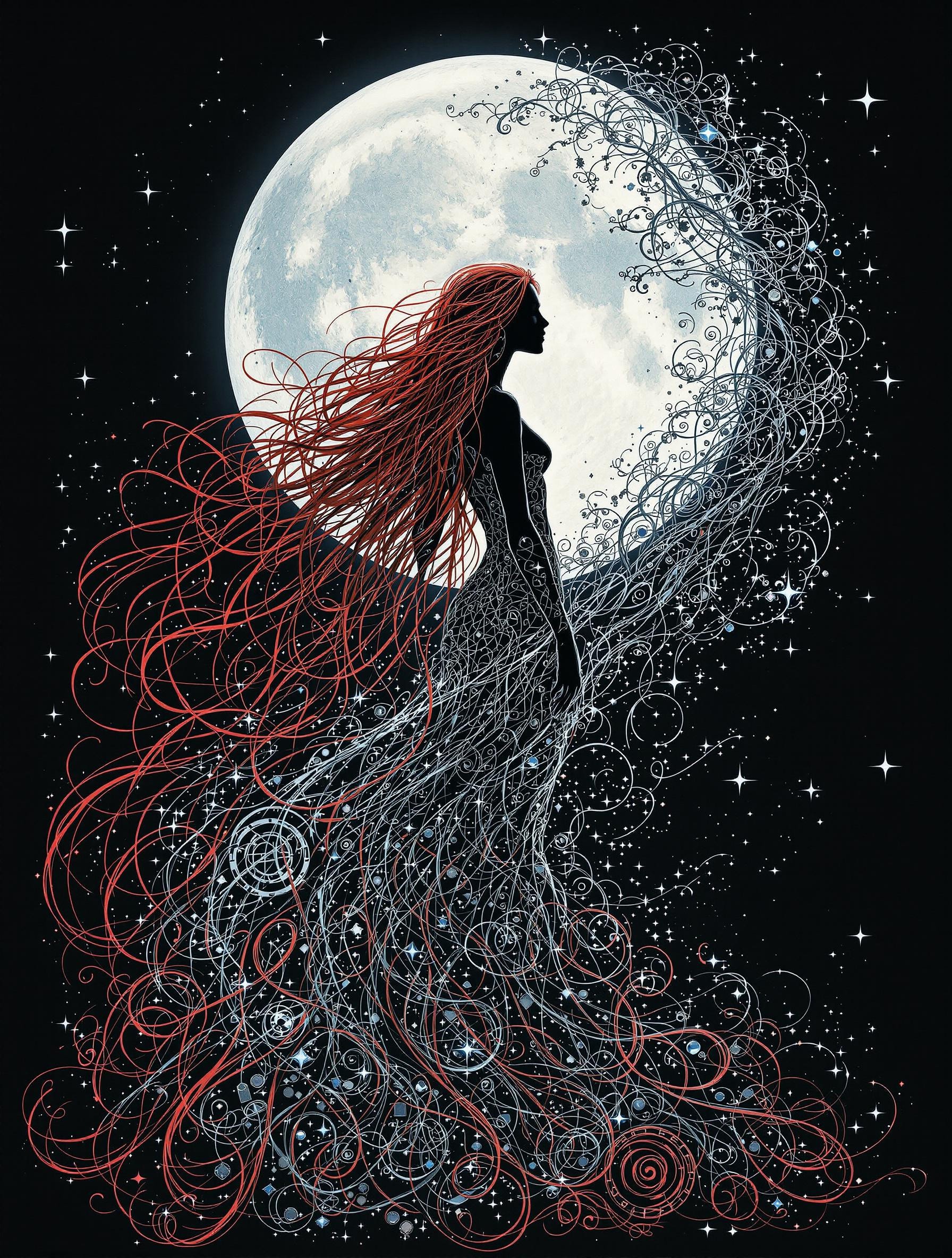 An intricate Gaelic goddess with long red metallic hair looks over her shoulder, standing centered in the image. She is silhouetted by a giant crystal moon. She is looking back over her shoulder with a joyful expression. Her long hair streams out behind her in an unseen wind, twisting and turning in elaborate waves and coils. The character's hair and body are fragmenting and transforming, stretched out behind her, elongated into languorous tendrils that weave in and out of each other. On the other side of the image, the tendrils all blend into a beautiful nighttime Cloudcape, composed of organic patterns of whorls, spirals and waves. Overall, the image is a semi-abstract digital artwork, exploring the boundaries of deconstruction, transformation and the beauty that can arise from chaos.