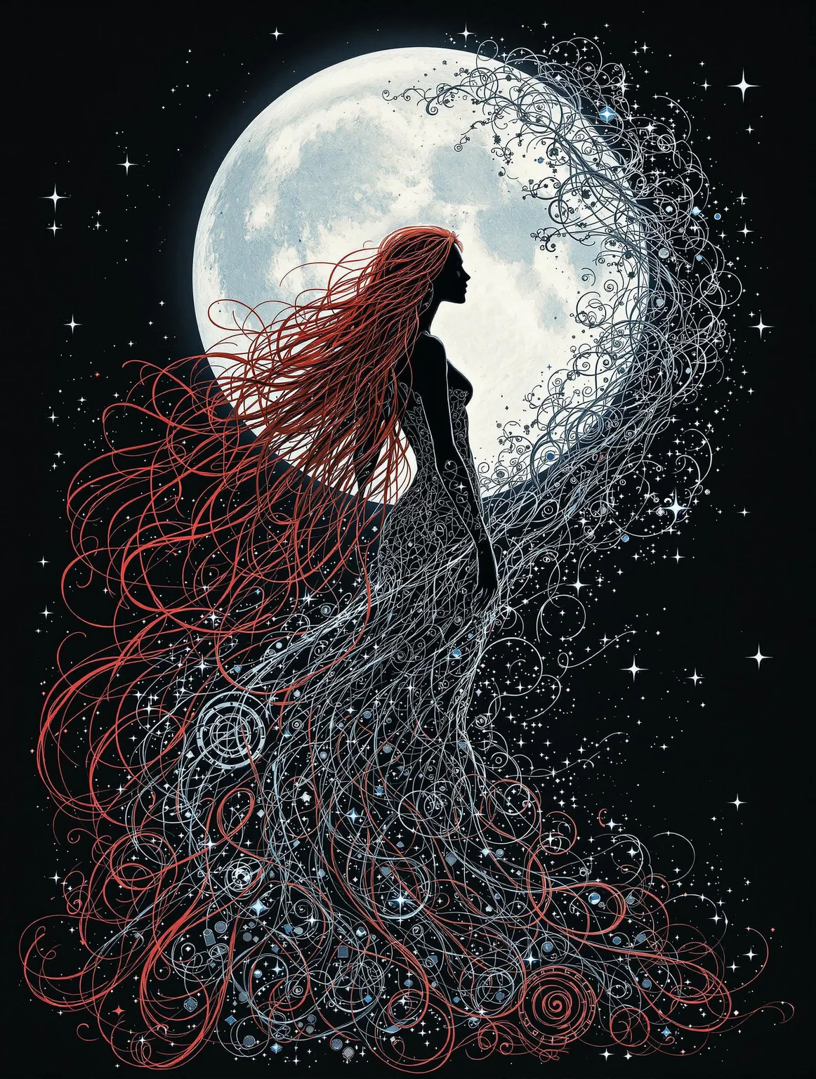 An intricate Gaelic goddess with long red metallic hair looks over her shoulder, standing centered in the image. She is silhouetted by a giant crystal moon. She is looking back over her shoulder with a joyful expression. Her long hair streams out behind her in an unseen wind, twisting and turning in elaborate waves and coils. The character's hair and body are fragmenting and transforming, stretched out behind her, elongated into languorous tendrils that weave in and out of each other. On the other side of the image, the tendrils all blend into a beautiful nighttime Cloudcape, composed of organic patterns of whorls, spirals and waves. Overall, the image is a semi-abstract digital artwork, exploring the boundaries of deconstruction, transformation and the beauty that can arise from chaos.