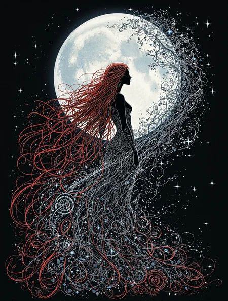 An intricate Gaelic goddess with long red metallic hair looks over her shoulder, standing centered in the image. She is silhouetted by a giant crystal moon. She is looking back over her shoulder with a joyful expression. Her long hair streams out behind her in an unseen wind, twisting and turning in elaborate waves and coils. The character's hair and body are fragmenting and transforming, stretched out behind her, elongated into languorous tendrils that weave in and out of each other. On the other side of the image, the tendrils all blend into a beautiful nighttime Cloudcape, composed of organic patterns of whorls, spirals and waves. Overall, the image is a semi-abstract digital artwork, exploring the boundaries of deconstruction, transformation and the beauty that can arise from chaos.