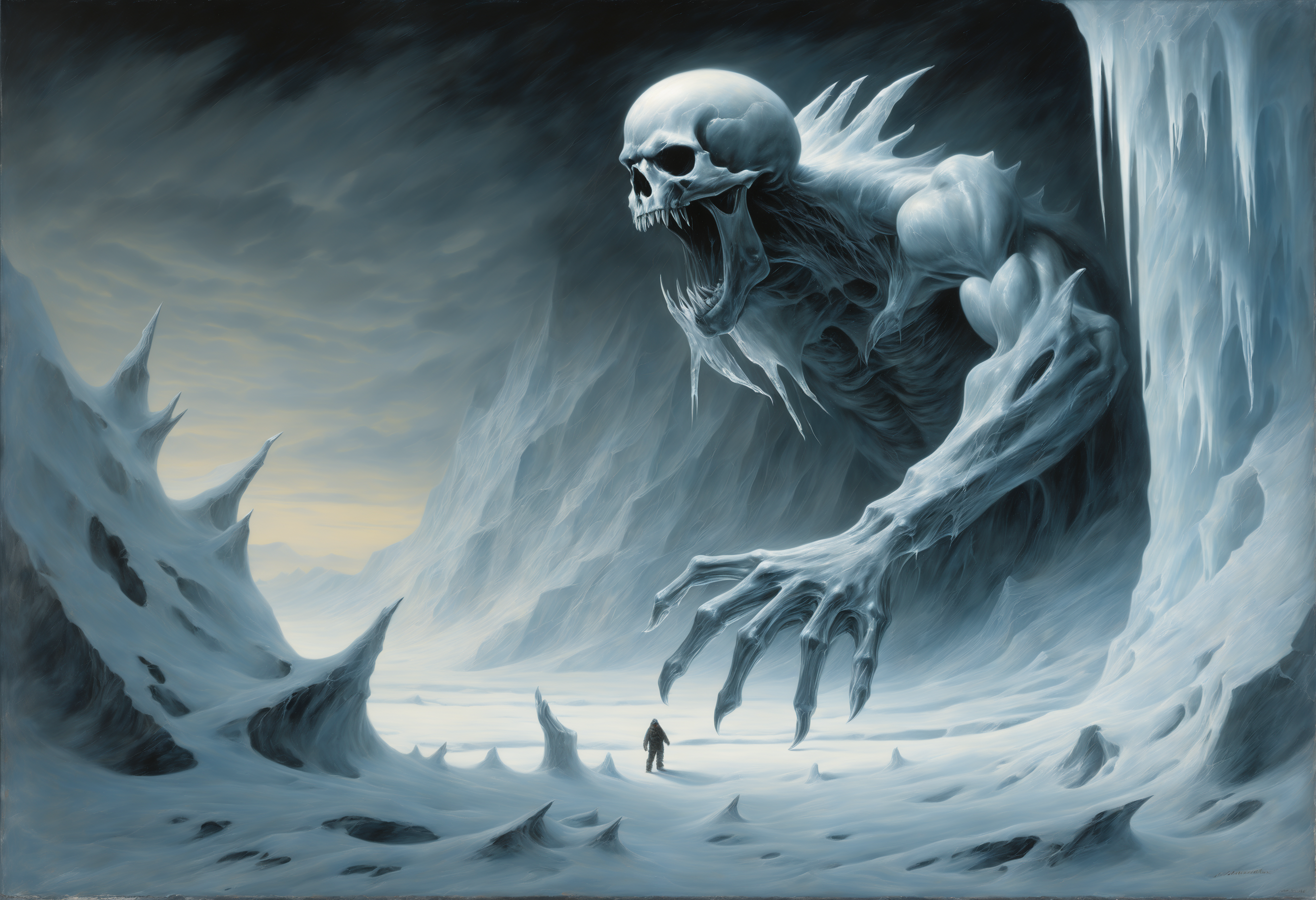 The monochromatic painting depicts a colossal, bony hand emerging from an icy abyss. The hand is deformed and adorned with long, sharp claws. The background is dominated by ice and snow, creating a cold and hostile atmosphere. The hand appears to be breaking through the reflective surface of the ice, hinting at a massive creature lurking beneath. A blizzard rages on, adding to the intensity, while the snowstorm envelops the scene, making the hand's emergence even more dramatic.
