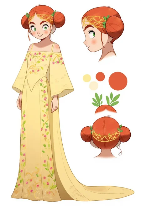 SecretKells, anime oil painting, full body portrait of a beautiful young woman with red hai,reference sheet,white background,simple background,multiple views, upper body, front, from side, color palette reference, wearing Padme Amidala Yellow Naboo Picnic Dress with Celtic design. Animated, stylized, detailed portrait, mystical atmosphere. delicate off-the-shoulder dress in a pale yellow fabric adorned with intricate floral embroidery in shades of pink and green. The dress has a fitted bodice and a flowing skirt, her hair in two side buns, Her head is adorned with a golden headpiece resembling a crown intricately woven with gold and adorned with small pink flowers, high_detailed, captured in high detail, CharacterDesignFLUX