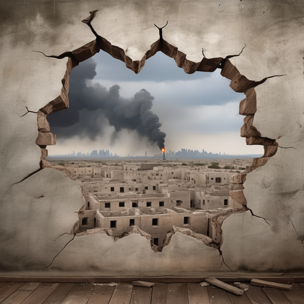 hole,A photorealistic image of a cracked wooden wall in the foreground, weathered and damaged, possibly by the impacts of war. Beyond this wall, the viewer should see a heart-wrenching scene of a Middle Eastern warzone. The landscape should be filled with architectural ruinsâcrumbled buildings, fallen pillars, and debris scattered around. Among these ruins, include people who look visibly distressed, perhaps some are sitting in despair, others walking aimlessly. The atmosphere should be heavy, filled with the weight of human suffering and the tragedy of war. The sky could be overcast or smoky, adding to the grim reality of the scene., <lora:hole2:0.6>