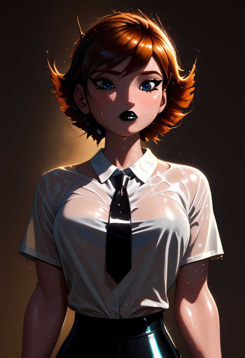 Score_9, score_8_up, score_7_up, best quality, highly detailed, colorful, realistic, 1girl, janet van dyne, brown hair, short hair, blue eyes, white shirt, collared shirt, black necktie, black pants, slim body, thin, closed mouth, black eyeliner, long eyelashes, black eyelashes, makeup, SOLO, black eyeshadow, black lipstick, very shiny skin, glistening body, subsurface scattering, detailed skin texture, oiled body, big breasts, very dark background, dark theme, low light, bright backlighting, neon shadow, dramatic lighting, extreme dark theme, upper body, looking down on viewer, (from side:0.5), wet shirt,
