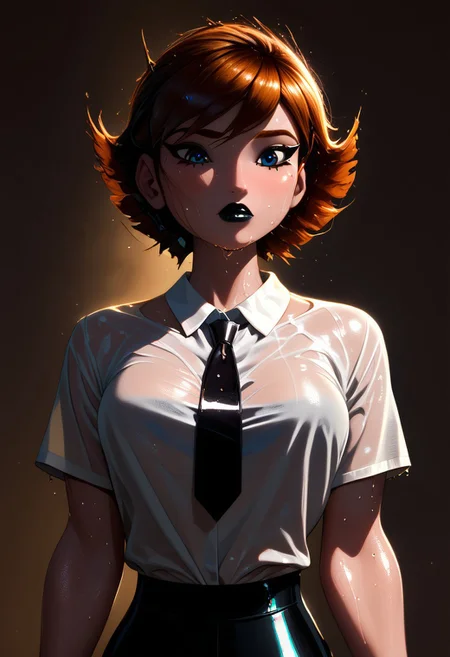 Score_9, score_8_up, score_7_up, best quality, highly detailed, colorful, realistic, 1girl, janet van dyne, brown hair, short hair, blue eyes, white shirt, collared shirt, black necktie, black pants, slim body, thin, closed mouth, black eyeliner, long eyelashes, black eyelashes, makeup, SOLO, black eyeshadow, black lipstick, very shiny skin, glistening body, subsurface scattering, detailed skin texture, oiled body, big breasts, very dark background, dark theme, low light, bright backlighting, neon shadow, dramatic lighting, extreme dark theme, upper body, looking down on viewer, (from side:0.5), wet shirt,
