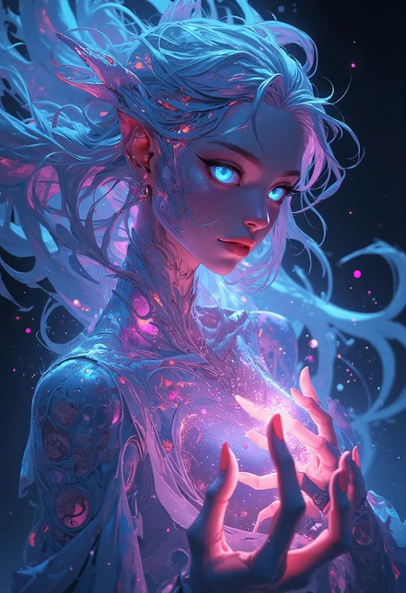 Detailed hand, Hand, Perfect hand, auralora
A luminously ethereal digital anime character, every pixel pulsates with otherworldly beauty: flowing strands of shimmering holographic hair, eyes that sparkle like opal galaxies, and a whisper of energy emanating from glowing fingertips. This enchanting being is depicted in a meticulously crafted digital painting, where every intricate detail is rendered with stunning clarity and depth. The image exudes a sense of mesmerizing allure, drawing viewers into a world of fantastical enchantment.
