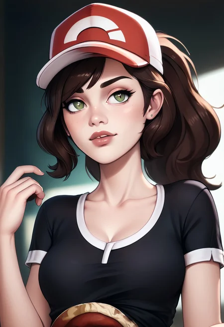 score_9, score_8_up, score_7_up, score_6_up, PRSNL_3_1, uncensored, pupils black dots, lips,
upper body, best quality, masterpiece, 4k, realistic, warm light,
Elaine, brown hair, brown eyes, ponytail, single sidelock, baseball cap, black shirt, red belt, blue shorts