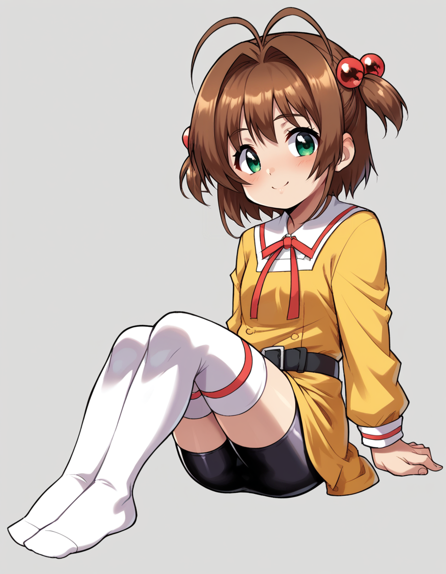 zPDXL, score_9, score_8_up, score_7_up, score_6_up, score_5_up, score_4_up, 1girl, solo,
<lora:Daikin_v1-18:1> dkn, kinomoto sakura, short hair, brown hair, antenna hair, hair bobbles, two side up, yellow dress, collared dress, black belt, bike shorts, thighhighs skindendation, no shoes, sitting, looking at viewer, green eyes, blush, light smile,