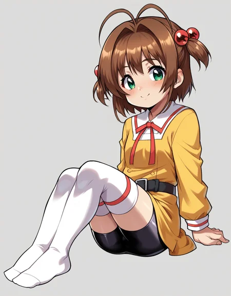 zPDXL, score_9, score_8_up, score_7_up, score_6_up, score_5_up, score_4_up, 1girl, solo,
<lora:Daikin_v1-18:1> dkn, kinomoto sakura, short hair, brown hair, antenna hair, hair bobbles, two side up, yellow dress, collared dress, black belt, bike shorts, thighhighs skindendation, no shoes, sitting, looking at viewer, green eyes, blush, light smile,