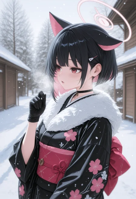 ,kazusa \(blue archive\), 1girl, solo, blush, open mouth, short hair, black hair, long sleeves, gloves, red eyes, animal ears, upper body, pink hair, multicolored hair, outdoors, japanese clothes, black gloves, alternate costume, choker, cat ears, wide sleeves, kimono, blurry, halo, fur trim, sash, black choker, floral print, obi, extra ears, colored inner hair, breath, snow, snowing, print kimono, black kimono, pink halo, fur-trimmed kimono,,masterpiece,best quality,newest,absurdres,highres,very awa, 