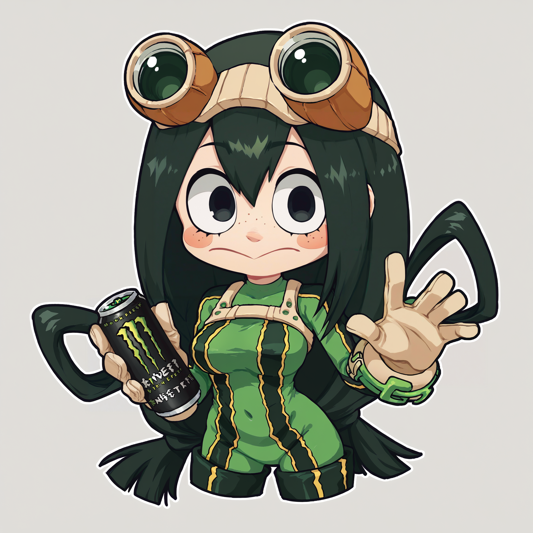score_9, score_8_up, score_7_up, score_6_up, score_5_up, score_4_up, BREAK
chibi, sticker,
asui tsuyu, black eyes, black hair, bodysuit, boku no hero academia, breasts, frog girl, gloves, goggles, green bodysuit, long hair, <lora:asui_tsuyu_pony:0.8>
monster energy, holding monster energy, <lora:monsterEenergy_pony:0.7>