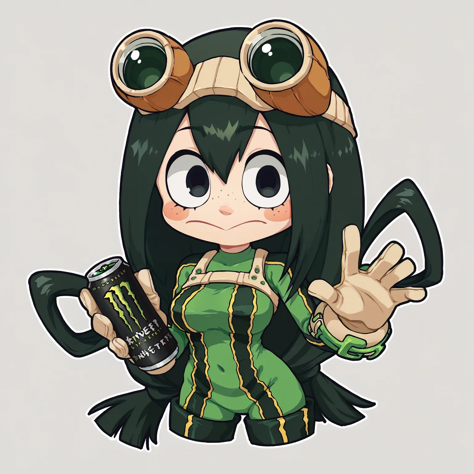 score_9, score_8_up, score_7_up, score_6_up, score_5_up, score_4_up, BREAK
chibi, sticker,
asui tsuyu, black eyes, black hair, bodysuit, boku no hero academia, breasts, frog girl, gloves, goggles, green bodysuit, long hair, <lora:asui_tsuyu_pony:0.8>
monster energy, holding monster energy, <lora:monsterEenergy_pony:0.7>