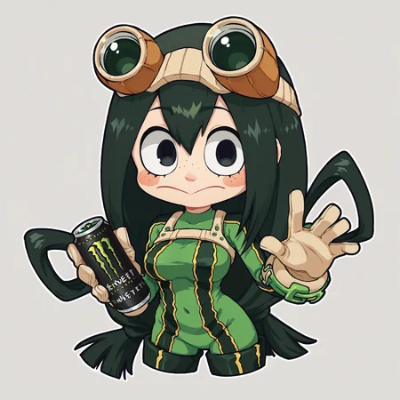 score_9, score_8_up, score_7_up, score_6_up, score_5_up, score_4_up, BREAK
chibi, sticker,
asui tsuyu, black eyes, black hair, bodysuit, boku no hero academia, breasts, frog girl, gloves, goggles, green bodysuit, long hair, <lora:asui_tsuyu_pony:0.8>
monster energy, holding monster energy, <lora:monsterEenergy_pony:0.7>