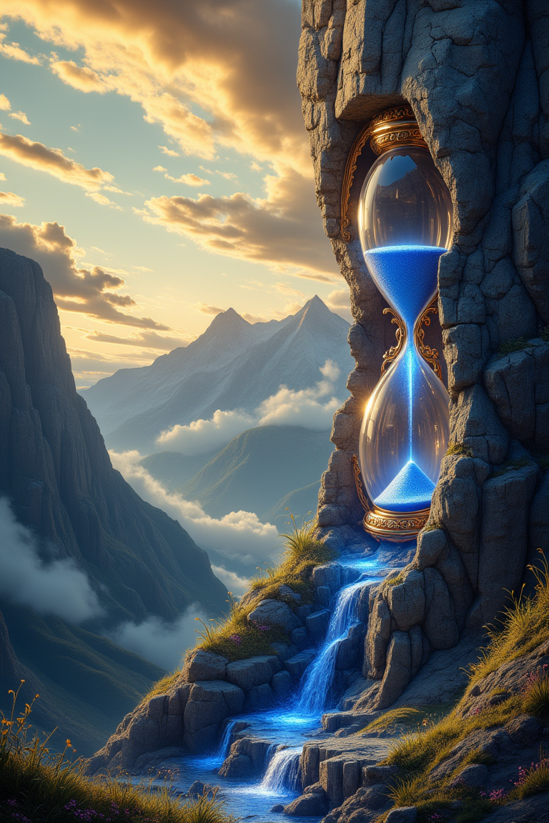 A colossal hourglass embedded in the side of a mountain with a small waterfall flowing underneath it