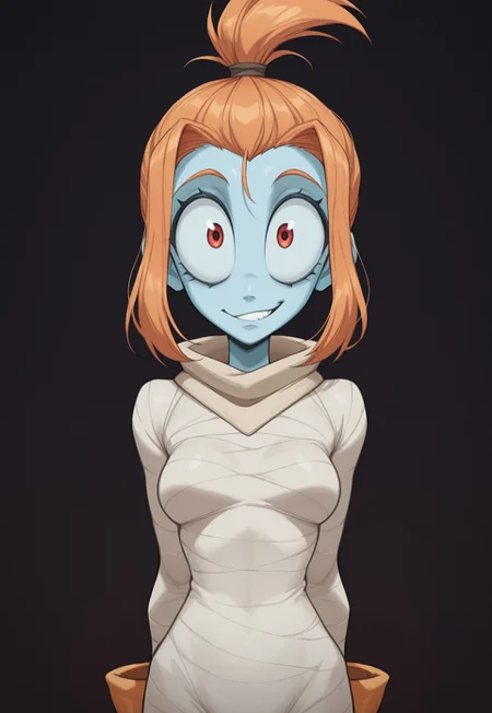 anime, masterpiece, best quality, detailed background, 8k, 1girl, solo, Mel, blue skin, colored skin, red eyes, big eyes, orange hair, ponytail, topknot, white bodysuit, bandages, orange gloves, smirk, teeth, breasts, dark background, half body, staring at viewer, no pose