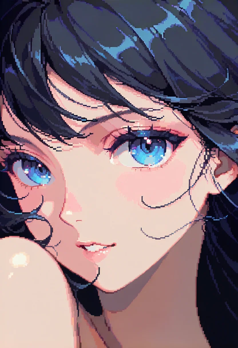 dpa,pixel art, 1girl, solo, looking at viewer, black hair, portrait, bangs, blue eyes
