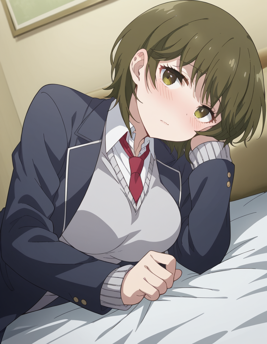 score_9, score_8_up, score_7_up, source_anime, <lora:isana-higashira-s1-ponyxl-lora-nochekaiser:1>, isana higashira, short hair, bangs, green eyes, green hair, large breasts,, shirt, long sleeves, school uniform, jacket, white shirt, open clothes, necktie, sweater, open jacket, blazer, red necktie, grey sweater,, indoors, bed, bed room, on side, blush, drunk, looking at viewer, solo,, cowboy shot, dutch angle