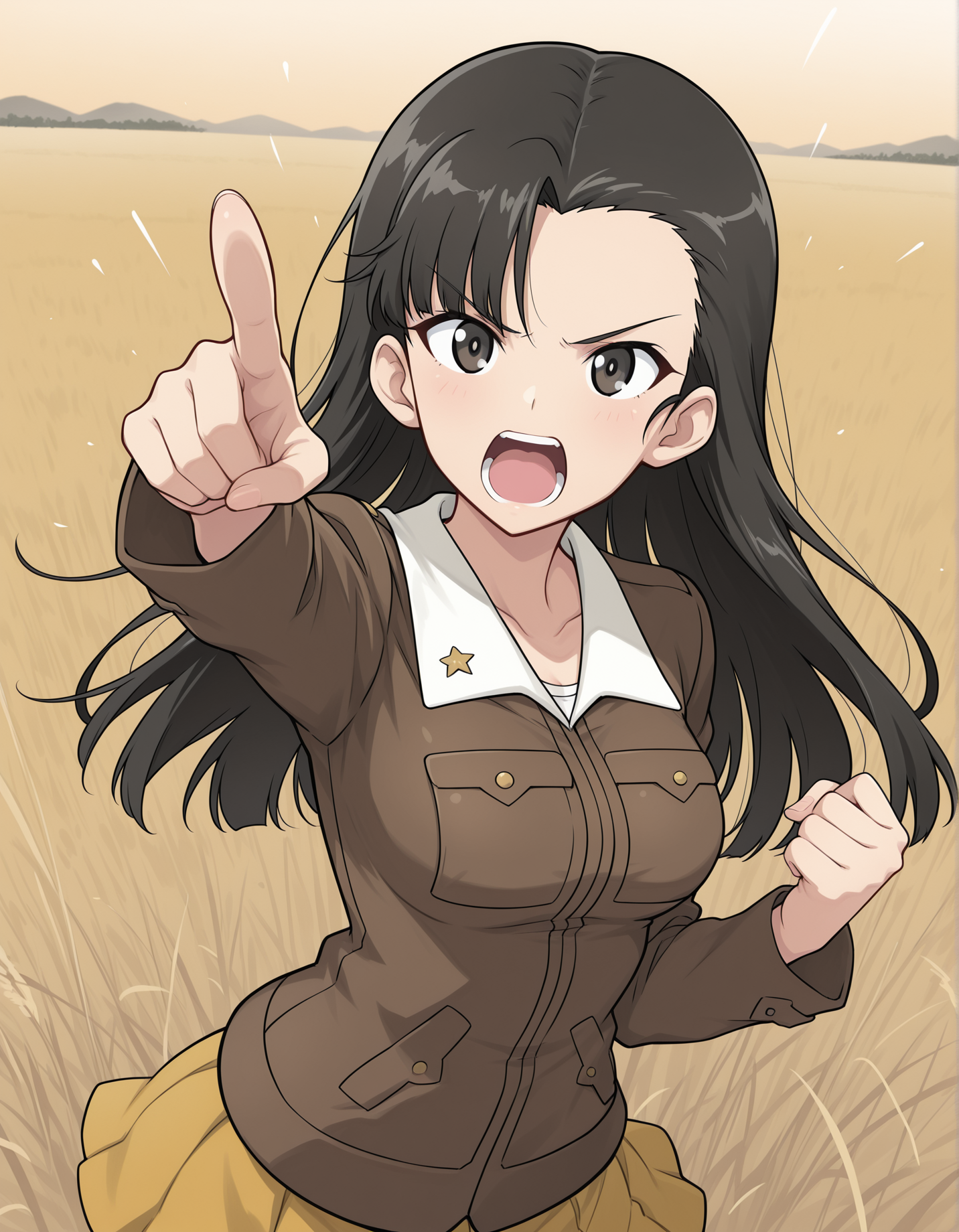 masterpiece, best quality, absurdres, highres, <lora:nishi kinuyo illu:0.9> nishiillu, chi-hatan military uniform, brown jacket, long sleeves, yellow skirt, standing, looking at viewer, field, pointing, shouting,
