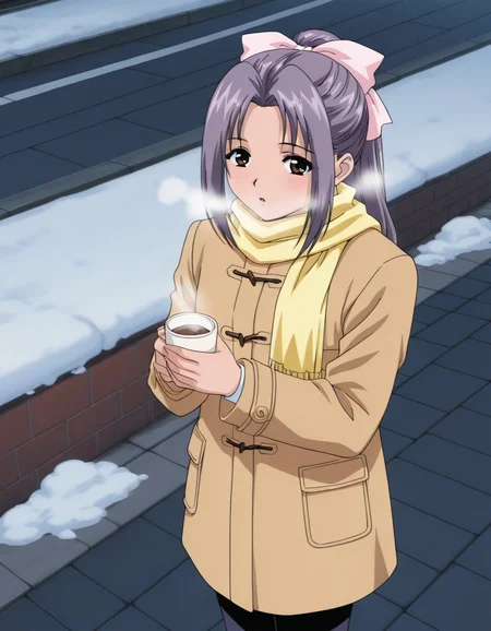 <lora:ghost-stories-v2-illustrious-000008:0.9> 1girl, solo, koigakubo, hair bow, scarf, coat, standing, breath, snow, holding cup, sidewalk, masterpiece, best quality