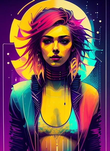 swpunk style synthwavea woman by agnes cecile, luminous design, pastel colours, ink drips, autumn lights