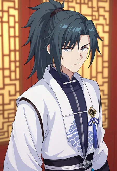 masterpiece, best quality, amazing quality,high resolution, intricate details,official style,depth of field,anime coloring,anime screencap  , , , 1boy, solo, male focus,  <lora:yang_kai:0.90>,yang kai,black hair,grey eyes,long hair,ponytail hair,looking at viewer,upper body,chinese clothes,ribbon