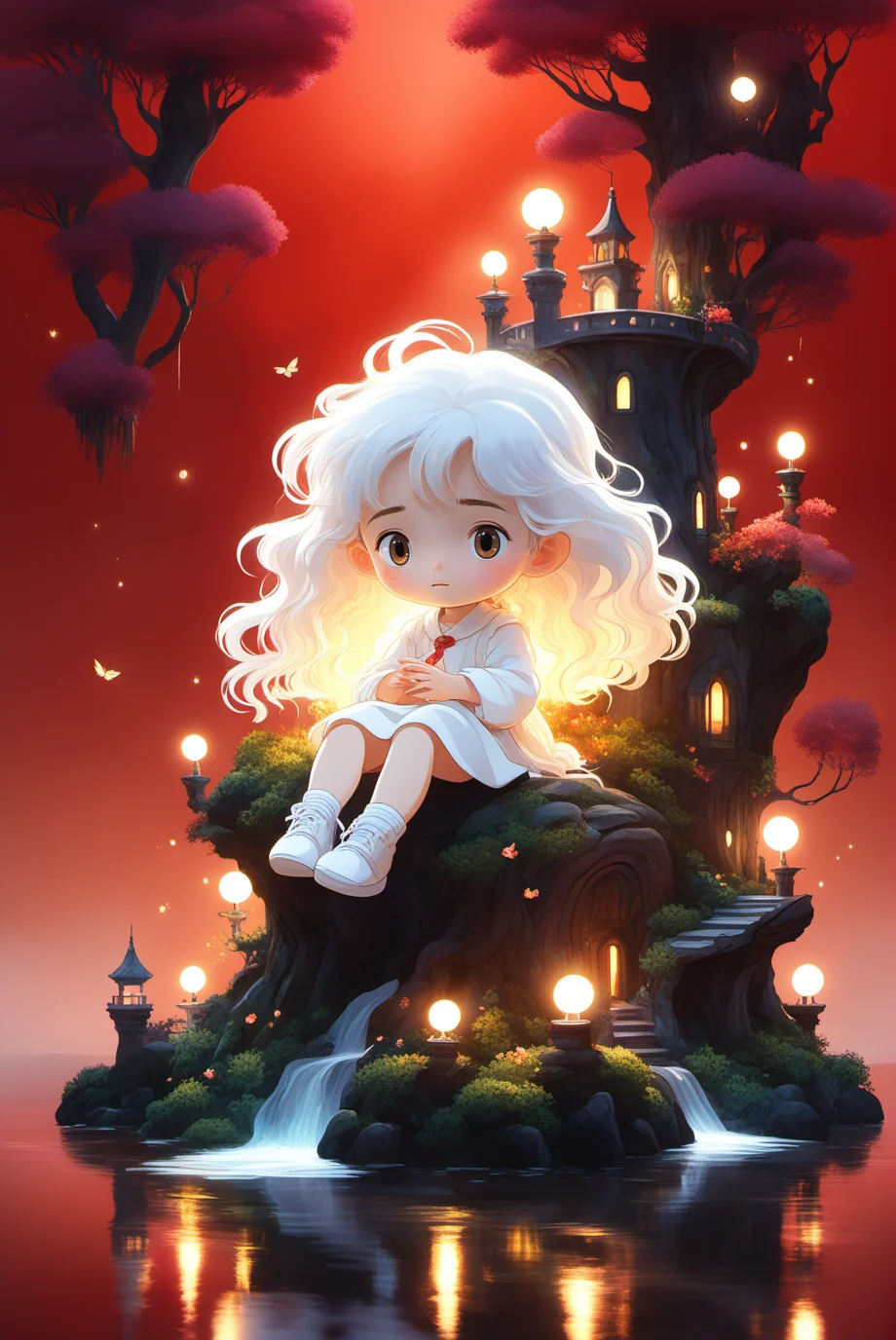 Studio Ghibli,1girl,long hair,white clothes,white hair,curly hair,Isolated on white background,light watercolor,bright,few details,sunlight,<lora:xl_more_art-full_v1:0.8>,
intricate linework,bright colors,behance contest winner,vanitas,angular,altermodern,unreal engine 5 highly rendered,global illumination,radiant light,detailed and intricate environment,soft focus,
mystical palace surrounded by a vast,shimmering lake.,red theme,fireflies,solo,cloudy sky,dark,no humans,night,tree stump,night,signature,garden,sunbeam,, (((masterpiece))),(((best quality))),((ultra-detailed))