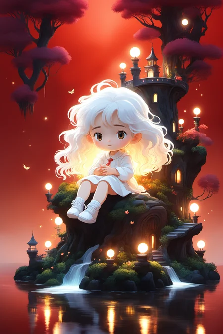 Studio Ghibli,1girl,long hair,white clothes,white hair,curly hair,Isolated on white background,light watercolor,bright,few details,sunlight,<lora:xl_more_art-full_v1:0.8>,
intricate linework,bright colors,behance contest winner,vanitas,angular,altermodern,unreal engine 5 highly rendered,global illumination,radiant light,detailed and intricate environment,soft focus,
mystical palace surrounded by a vast,shimmering lake.,red theme,fireflies,solo,cloudy sky,dark,no humans,night,tree stump,night,signature,garden,sunbeam,, (((masterpiece))),(((best quality))),((ultra-detailed))