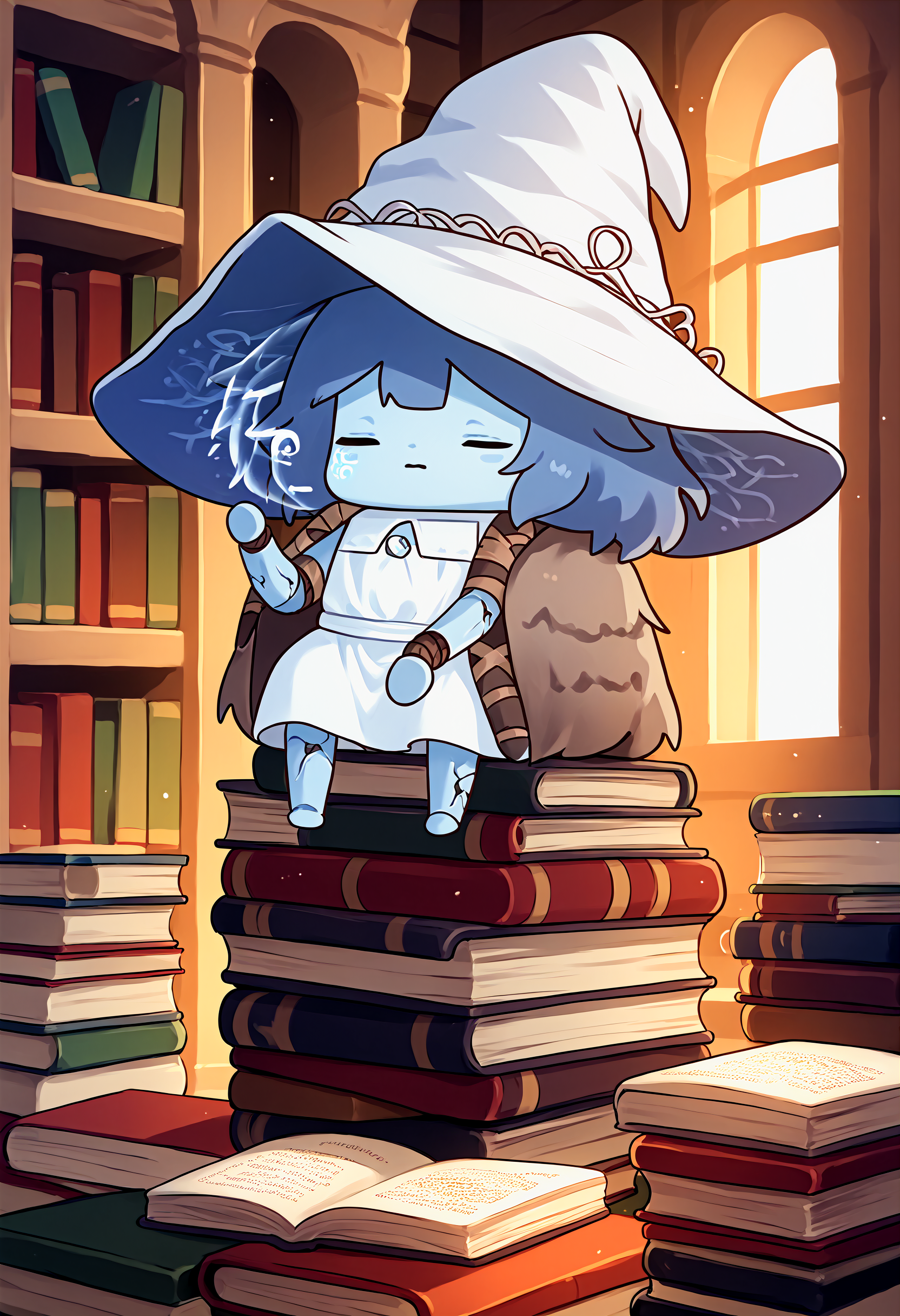 score_9, score_8_up, score_7_up, 1girl, source_anime, <lora:Phdpigeon_XLPD:1.2>, (chibi), <lora:Ranni_XLPD_CAME:0.9> IncrsXLRanni, wavy hair, cracked skin, blue skin, colored skin, extra arms, extra faces, doll joints, white dress, witch hat, brown cloak, dot eye, blue hair, sitting, bookshelf, book stack, too many books,
