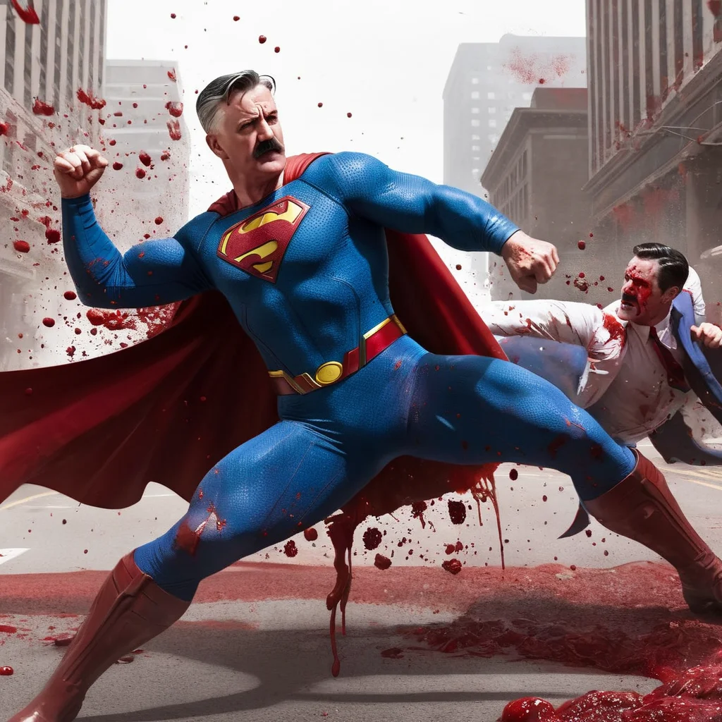 concept art of <lora:J. Jonah Jameson:1>
J. Jonah Jameson a man with a mustache, attacking superman in a blood - soaked scene, digital artwork, illustrative, painterly, matte painting, highly detailed