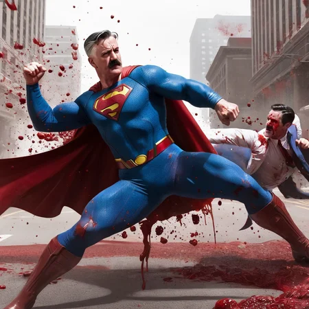 concept art of <lora:J. Jonah Jameson:1>
J. Jonah Jameson a man with a mustache, attacking superman in a blood - soaked scene, digital artwork, illustrative, painterly, matte painting, highly detailed